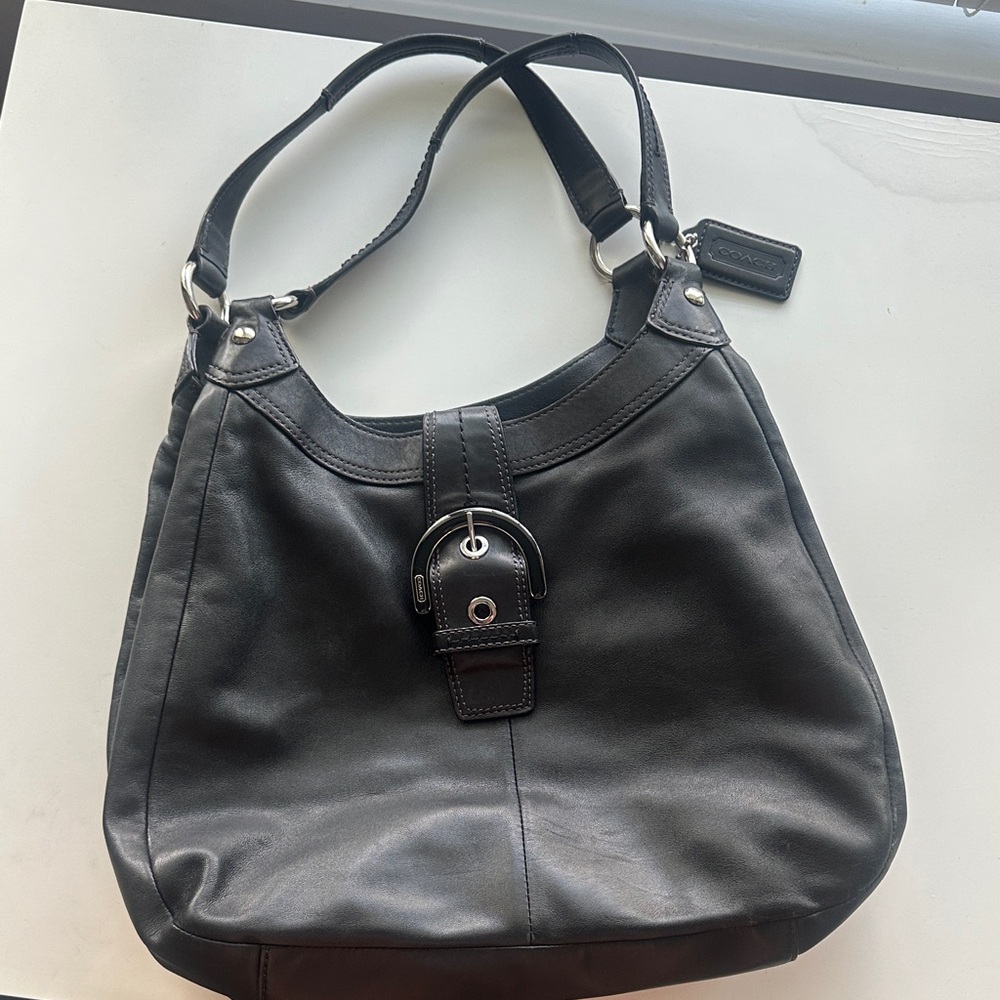 Coach Black Leather Shoulder Bag with Buckle Detail